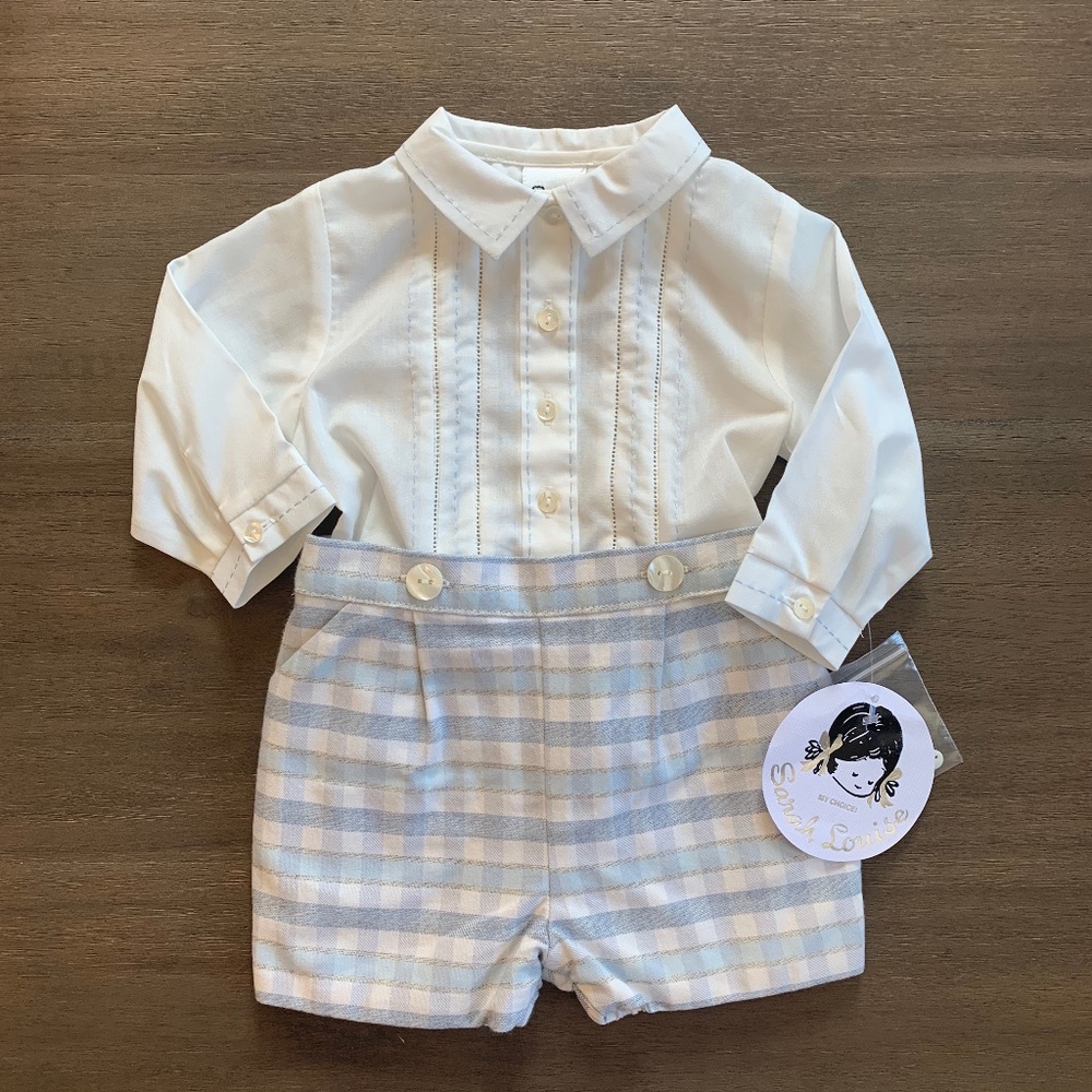 New Sarah Louise Baby Boys Button On Blue Checked Short Set